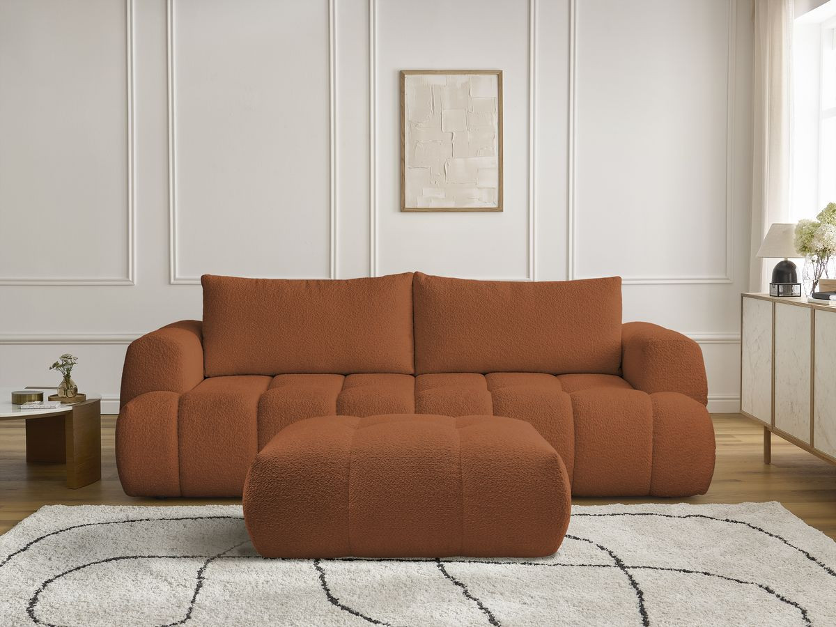 Canapé droit convertible 3 places FUJI bouclette avec pouf orange — vue 5
