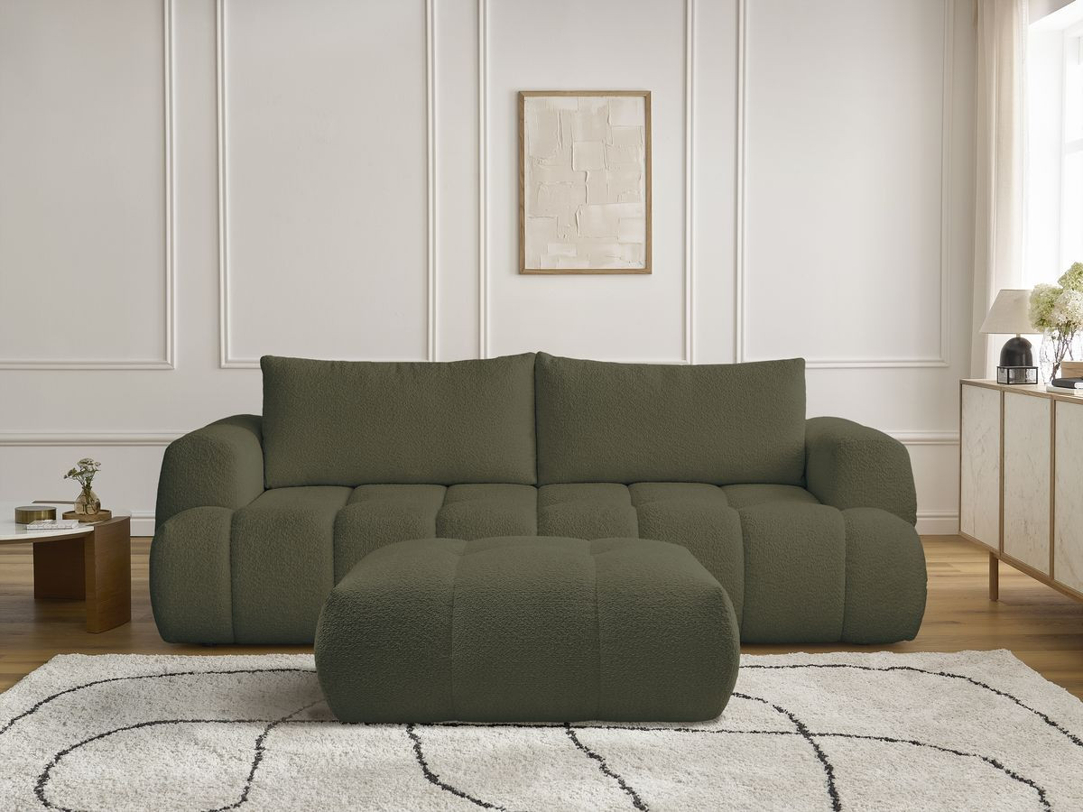 Canapé droit convertible 3 places FUJI bouclette avec pouf vert — vue 5