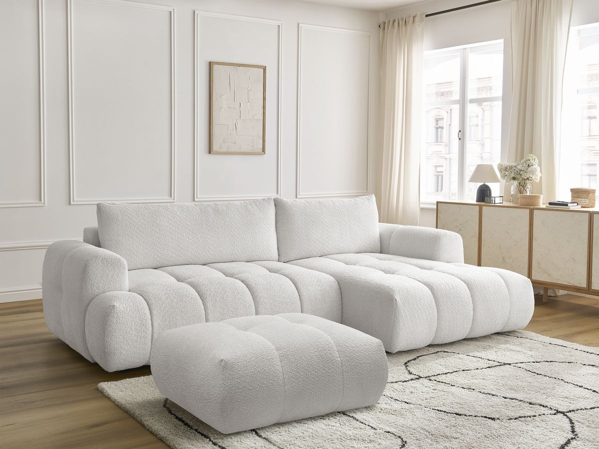 Canapé d'angle convertible FUJI bouclette avec pouf blanc — vue 5