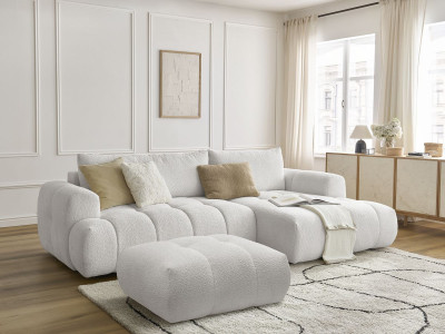 Canapé d'angle convertible FUJI tissu bouclette avec pouf