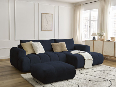 Canapé d'angle convertible FUJI tissu bouclette avec pouf