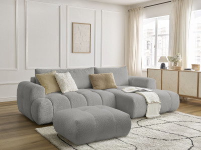 Canapé d'angle convertible FUJI tissu bouclette avec pouf
