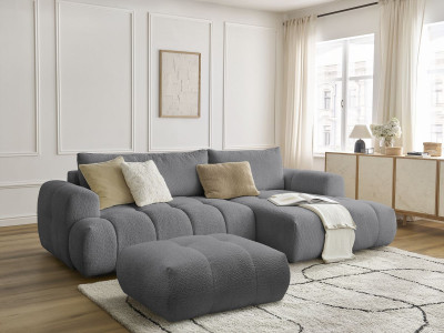 Canapé d'angle convertible FUJI tissu bouclette avec pouf