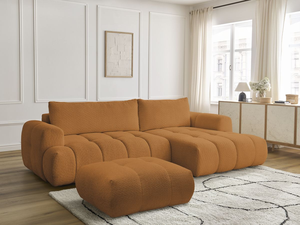 Canapé d'angle convertible FUJI bouclette avec pouf jaune — vue 5