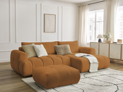 Canapé d'angle convertible FUJI tissu bouclette avec pouf