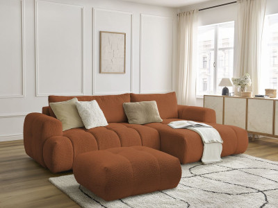 Canapé d'angle convertible FUJI tissu bouclette avec pouf