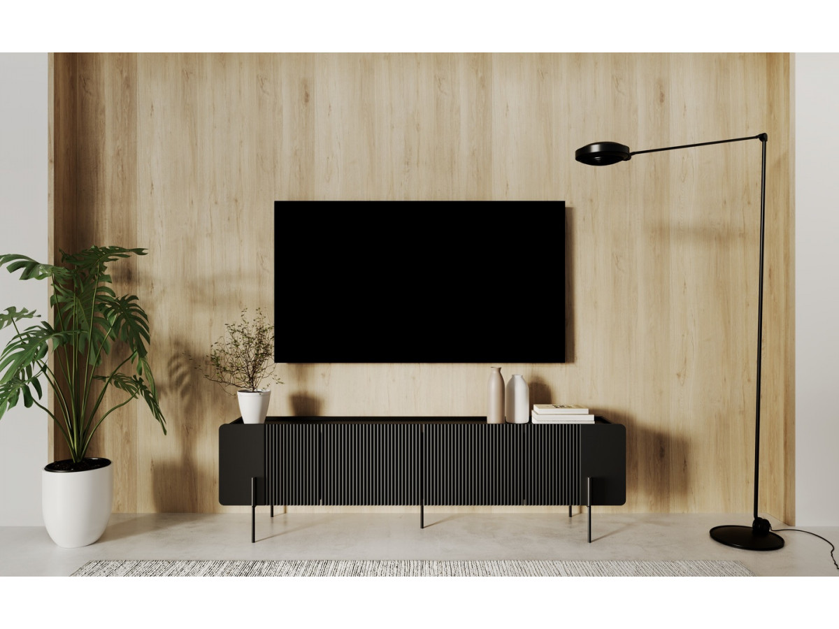 Meuble TV 2 portes 2 tiroirs 200 cm MATHILDE pieds noirs