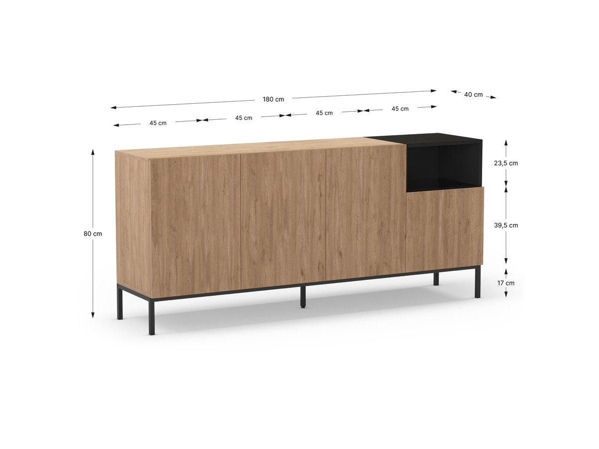 Buffet 4 portes 1 niche 180 cm CECILIA effet chêne