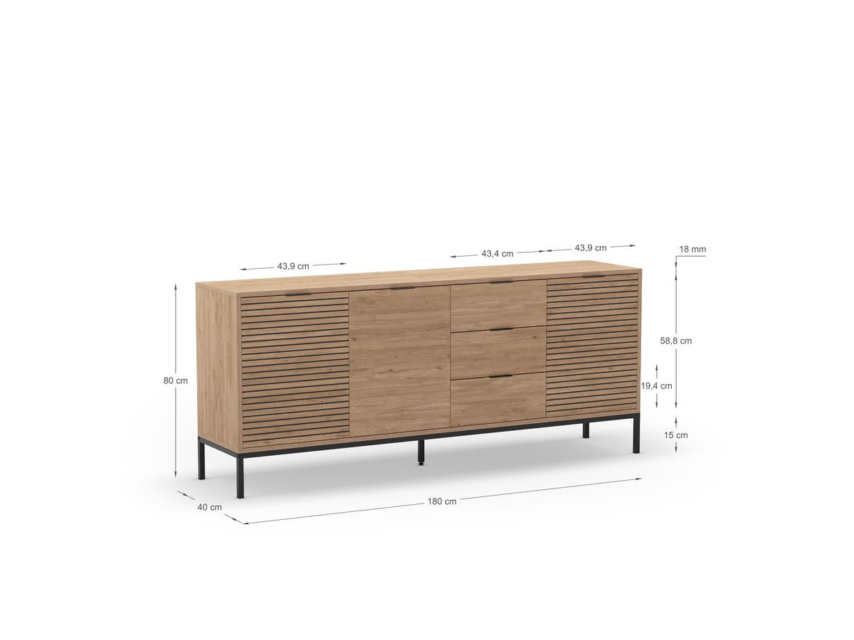 AGATHE eikenhouten dressoir met 3 deuren en 3 laden, 180 cm
