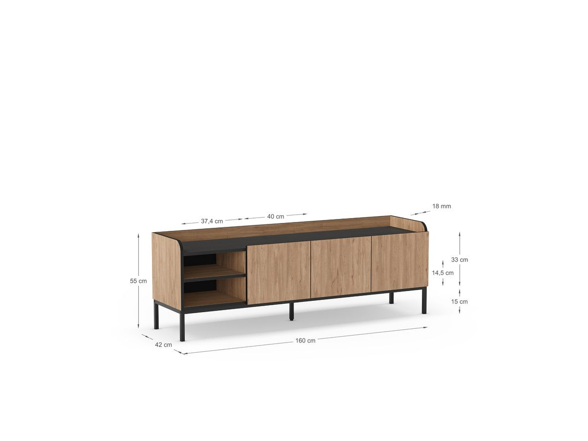 AURIANE 2-deurs, 2-kabinet tv-meubel, 160 cm, zwarte metalen poten