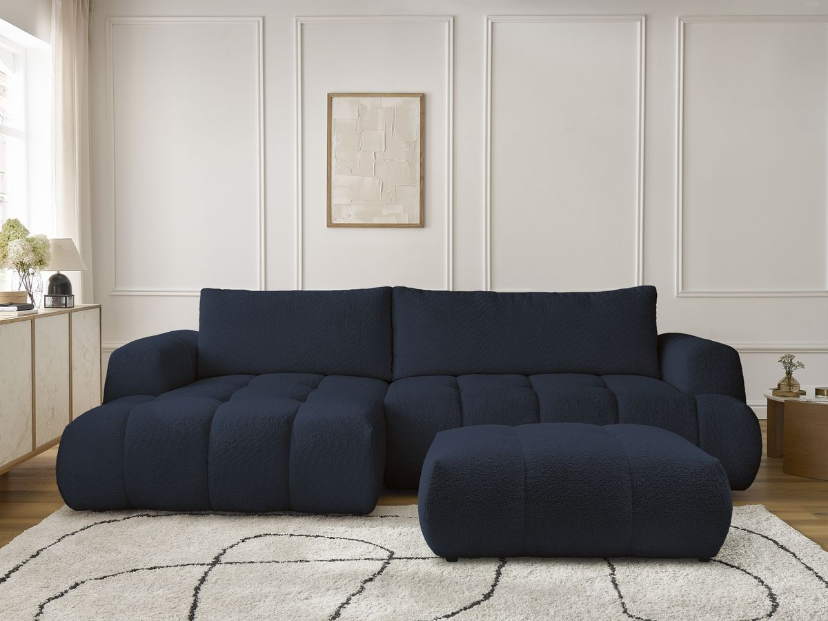 Canapé d'angle convertible FUJI tissu bouclette avec pouf