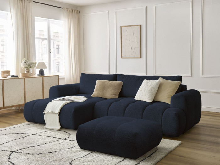 Canapé d'angle convertible FUJI tissu bouclette avec pouf