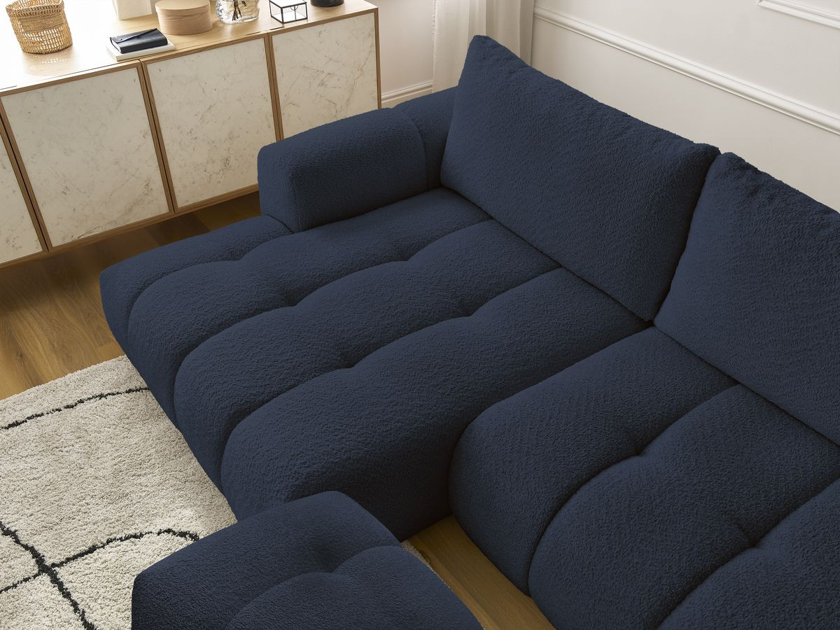 Canapé d'angle convertible FUJI tissu bouclette avec pouf