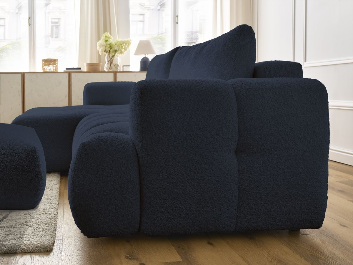 Canapé d'angle convertible FUJI tissu bouclette avec pouf