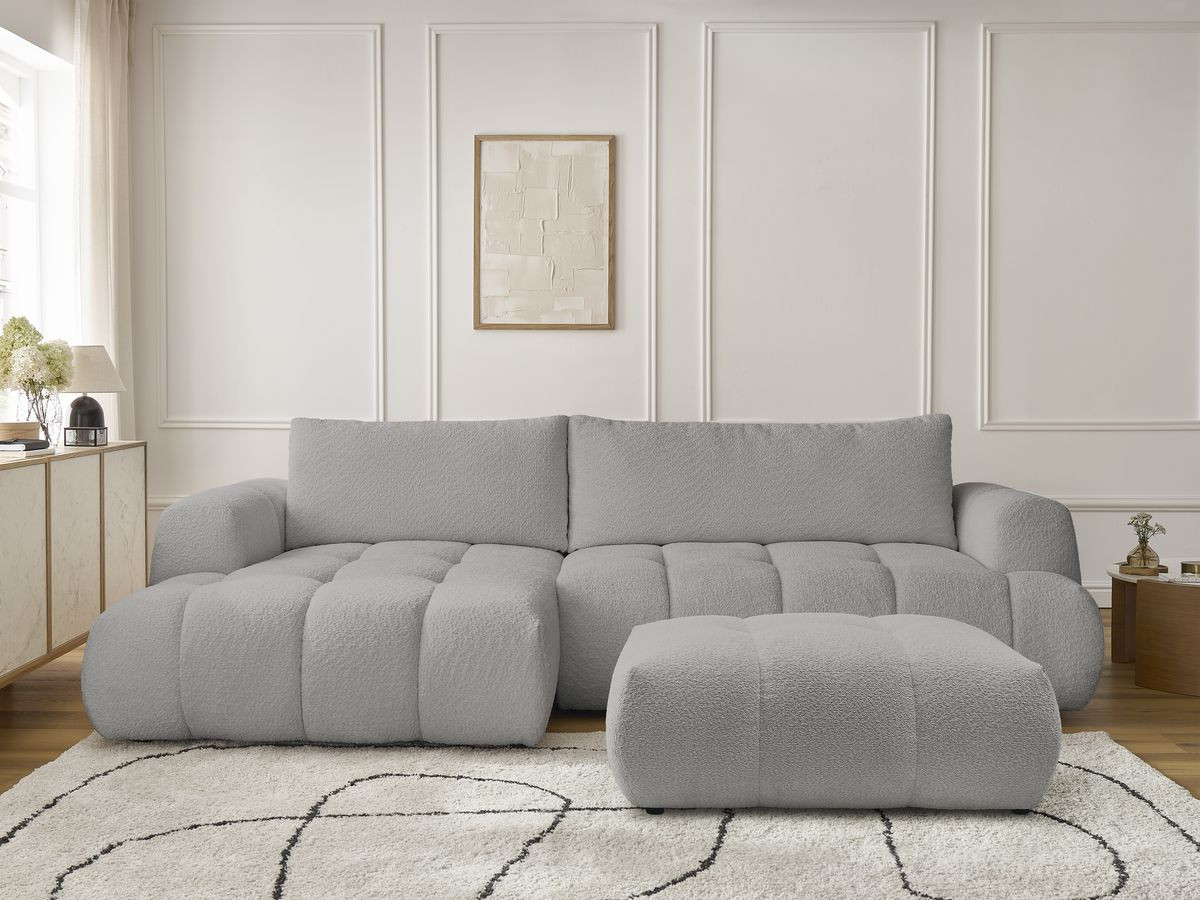 Canapé d'angle convertible FUJI tissu bouclette avec pouf