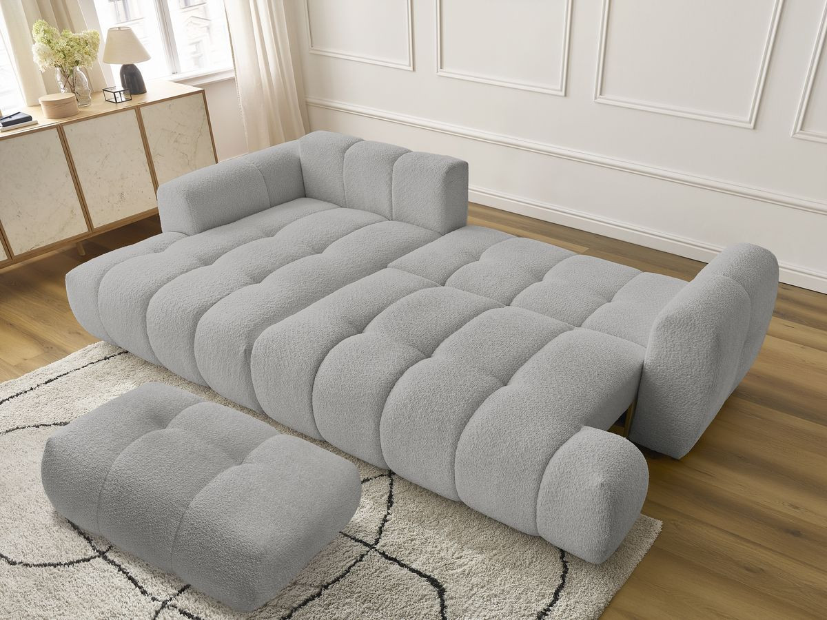 Canapé d'angle convertible FUJI tissu bouclette avec pouf