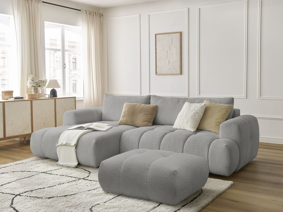 Canapé d'angle convertible FUJI tissu bouclette avec pouf