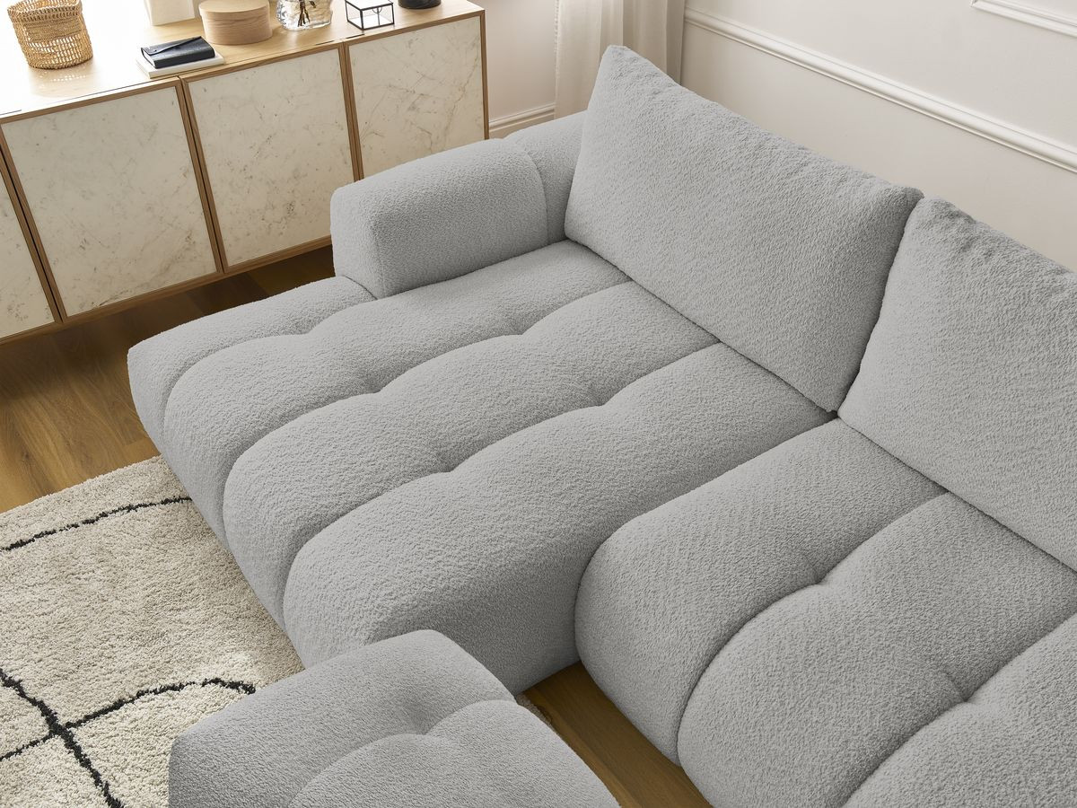 Canapé d'angle convertible FUJI tissu bouclette avec pouf