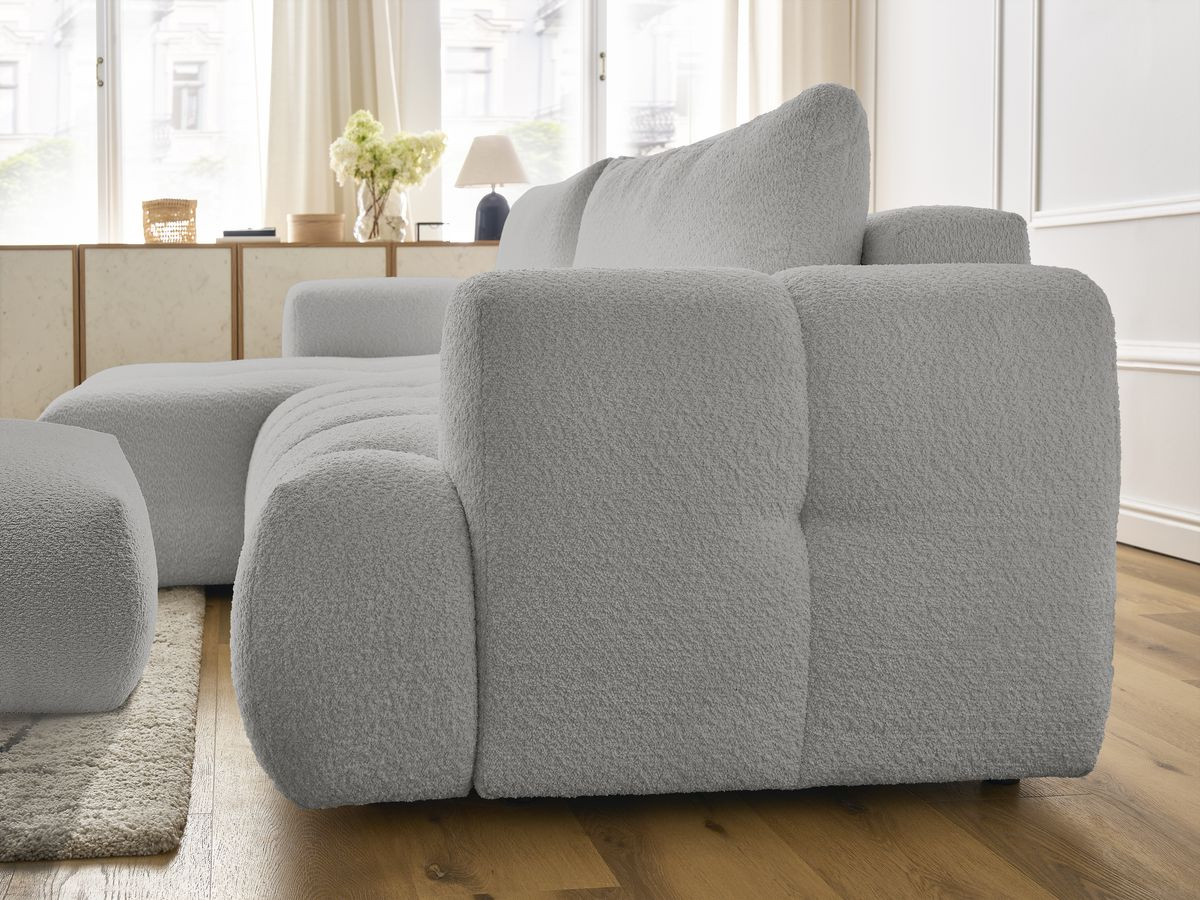 Canapé d'angle convertible FUJI tissu bouclette avec pouf