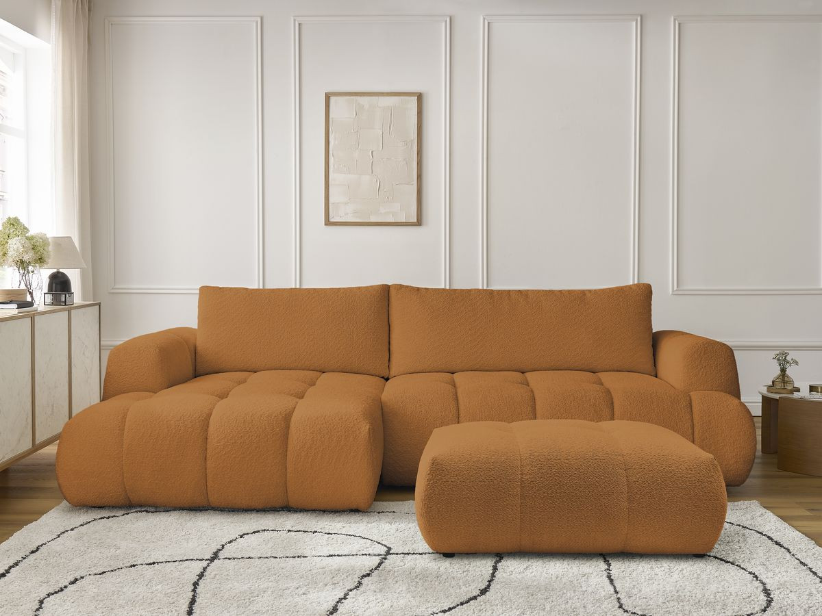 Canapé d'angle convertible FUJI tissu bouclette avec pouf