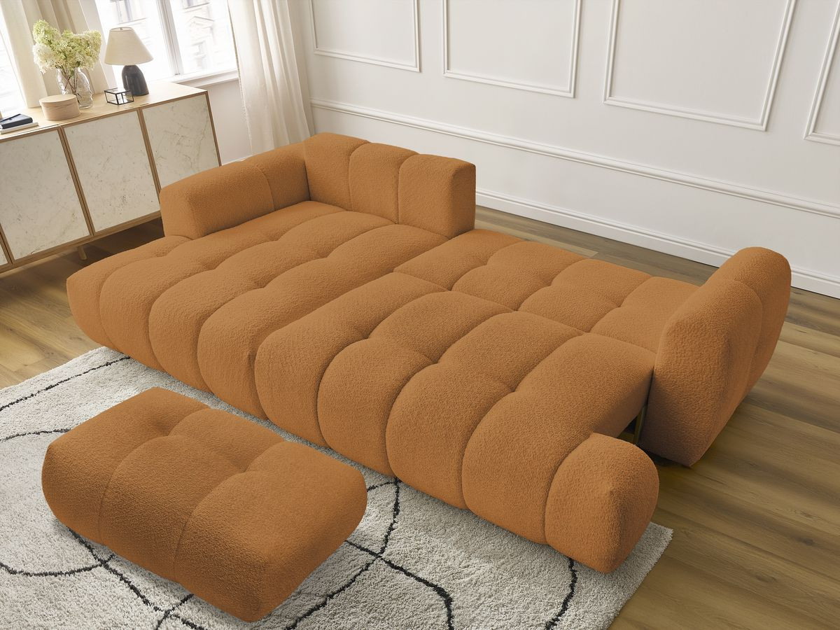 Canapé d'angle convertible FUJI tissu bouclette avec pouf