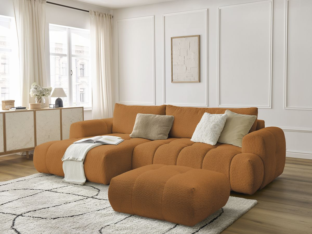 Canapé d'angle convertible FUJI tissu bouclette avec pouf
