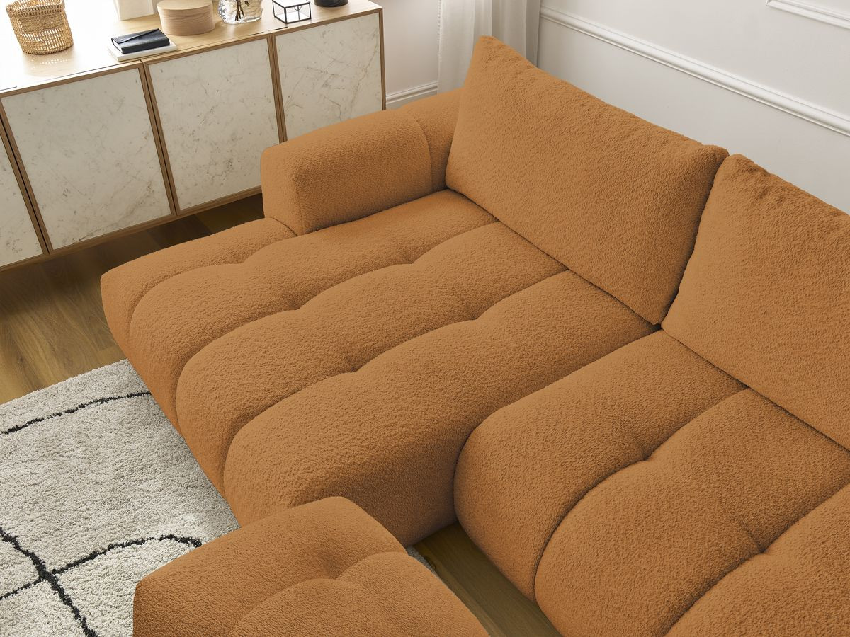 Canapé d'angle convertible FUJI tissu bouclette avec pouf