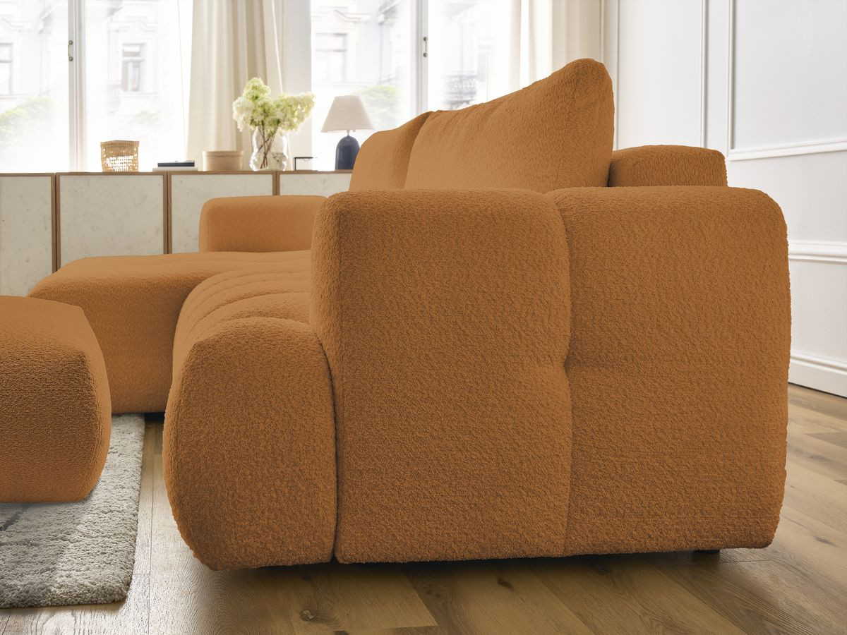 Canapé d'angle convertible FUJI tissu bouclette avec pouf