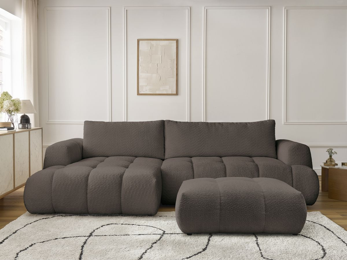 Canapé d'angle convertible FUJI tissu bouclette avec pouf
