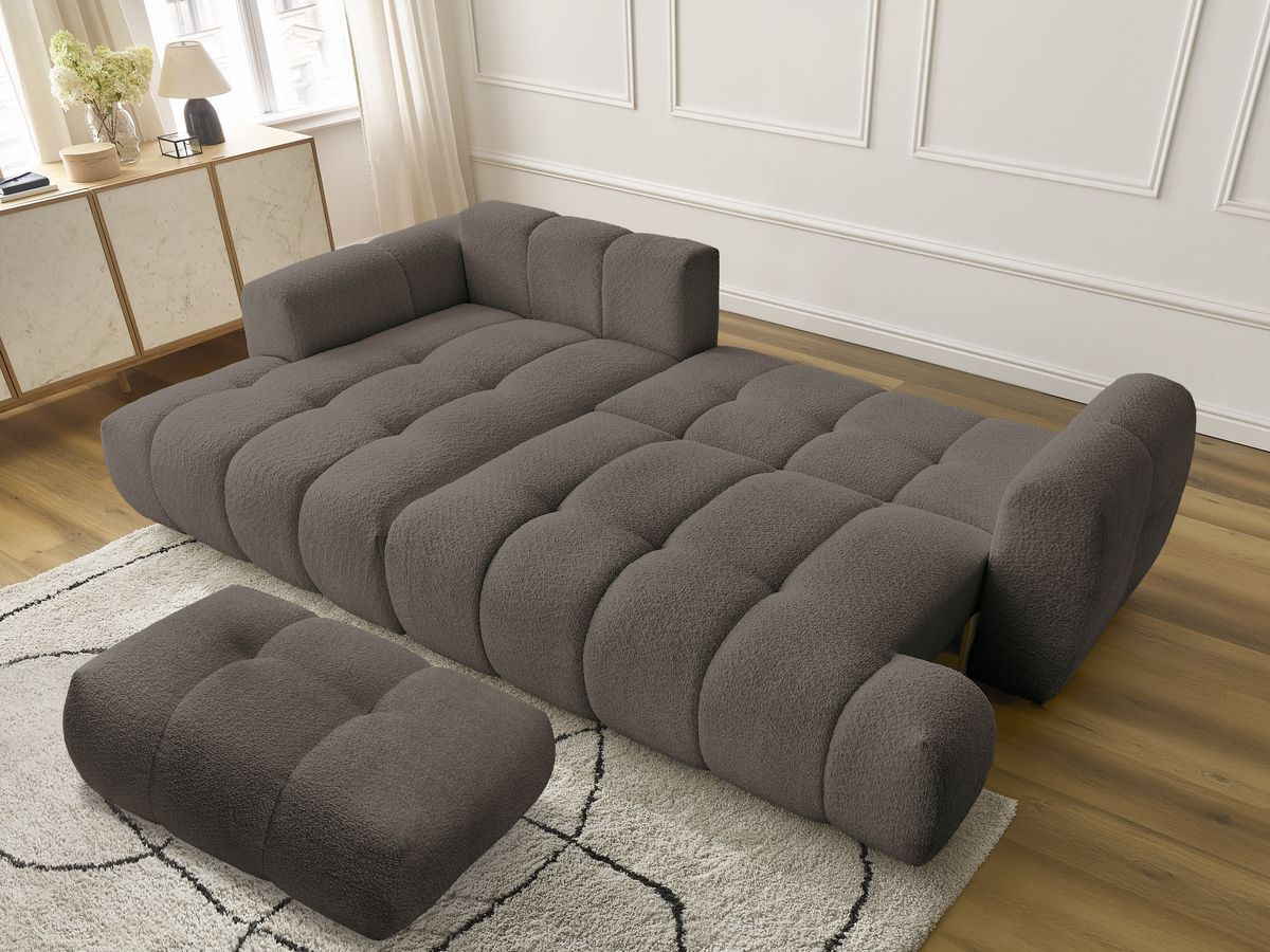 Canapé d'angle convertible FUJI tissu bouclette avec pouf