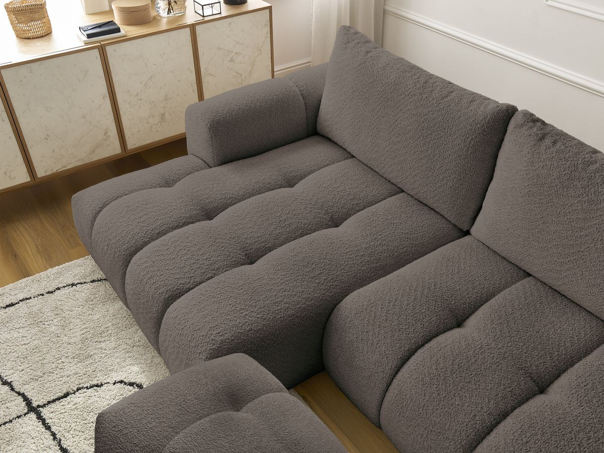 Canapé d'angle convertible FUJI tissu bouclette avec pouf