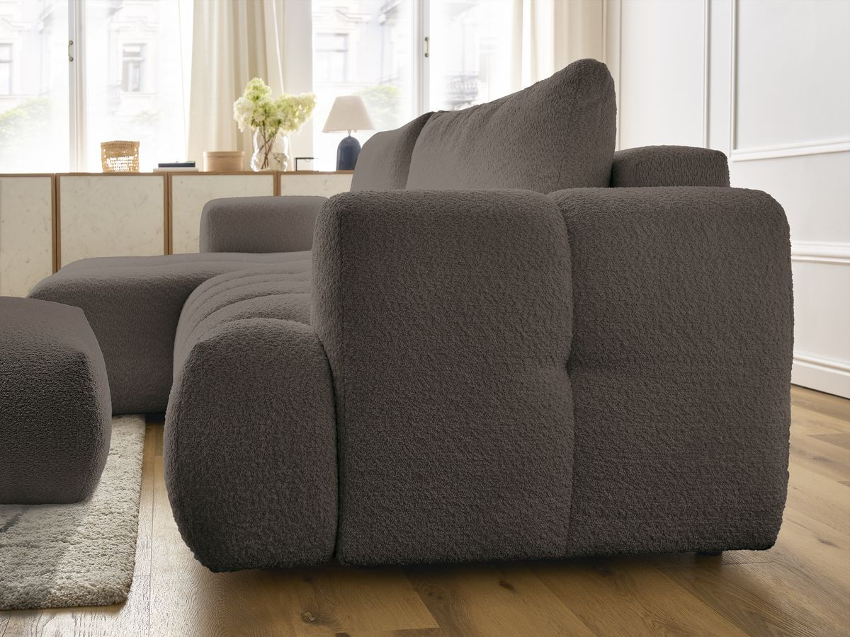 Canapé d'angle convertible FUJI tissu bouclette avec pouf