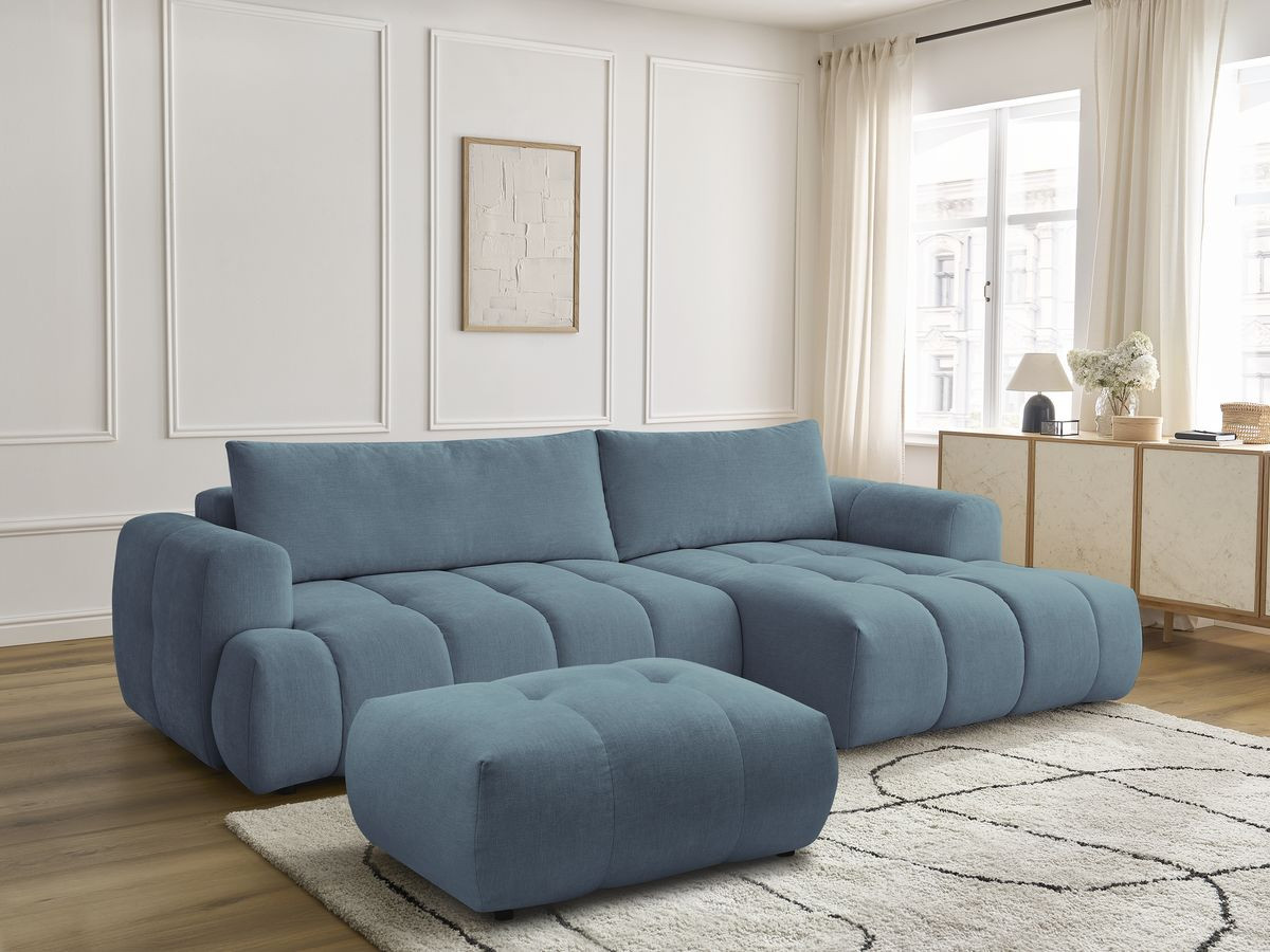 Canapé d'angle convertible FUJI lisse avec pouf bleu clair — vue 5