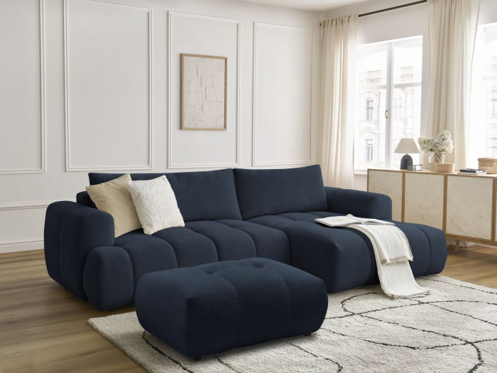 Canapé d'angle convertible FUJI tissu lisse avec pouf