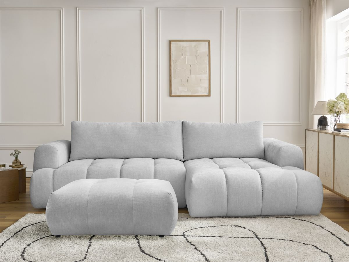 Canapé d'angle convertible FUJI tissu lisse avec pouf