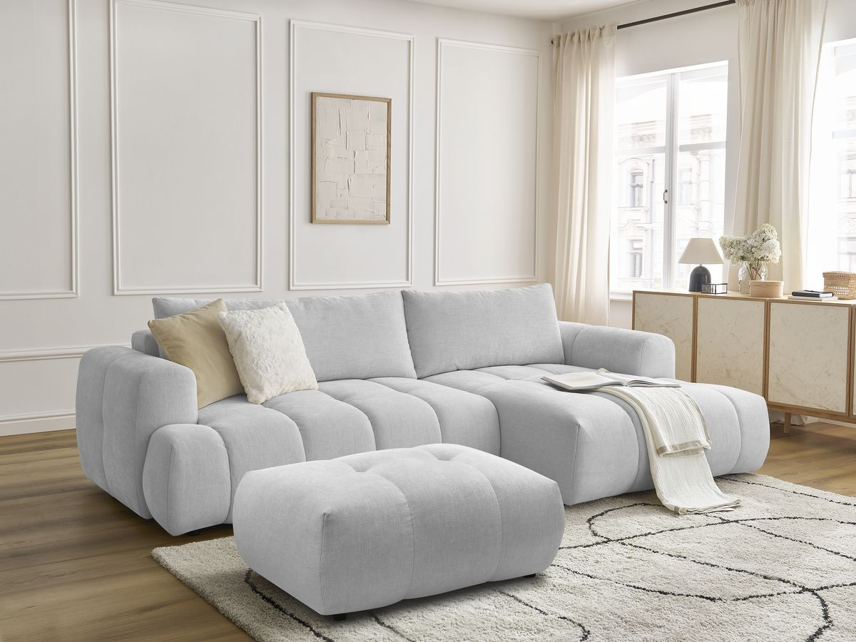 Canapé d'angle convertible FUJI tissu lisse avec pouf