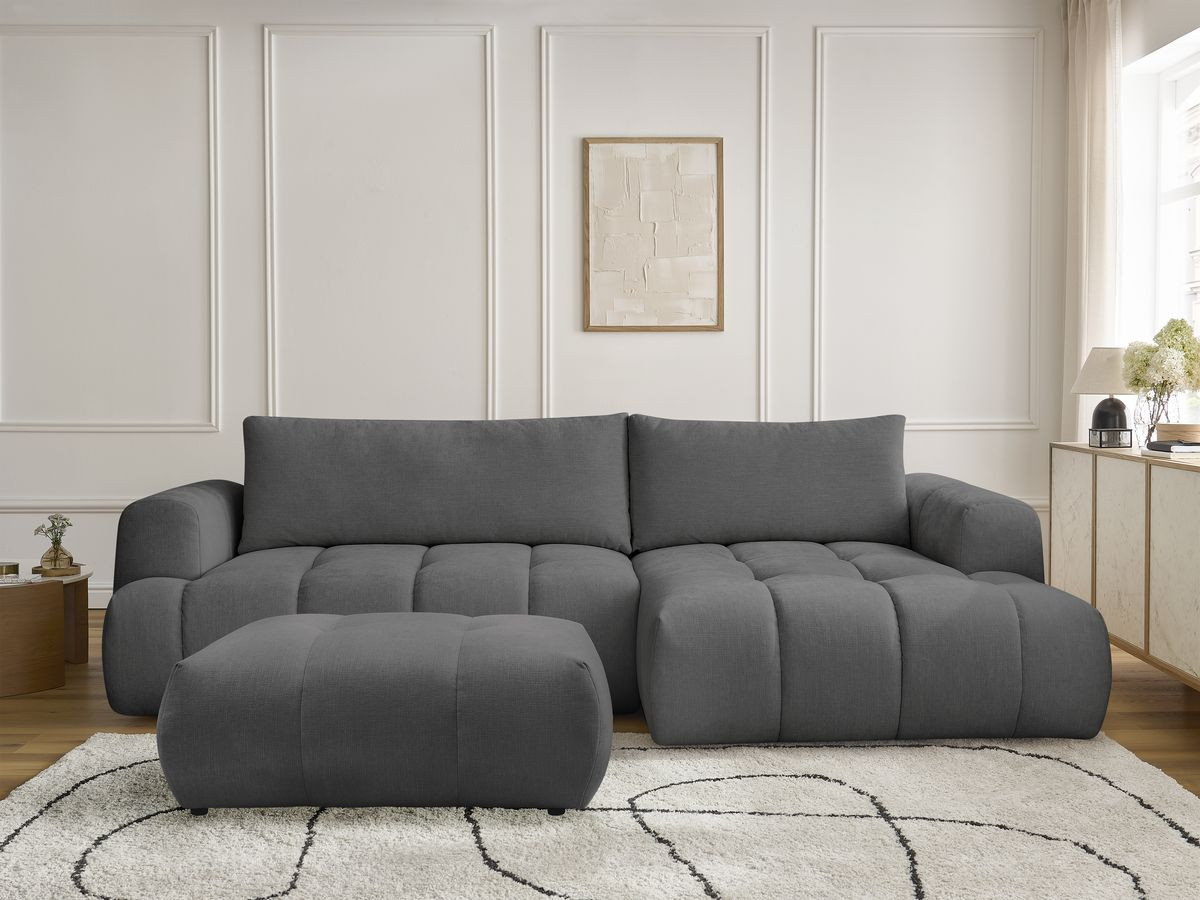Canapé d'angle convertible FUJI tissu lisse avec pouf