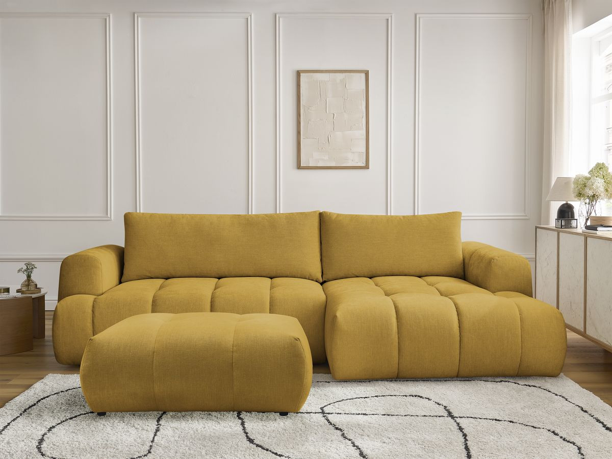 Canapé d'angle convertible FUJI tissu lisse avec pouf