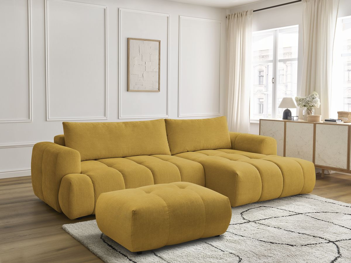 Canapé d'angle convertible FUJI lisse avec pouf jaune — vue 5