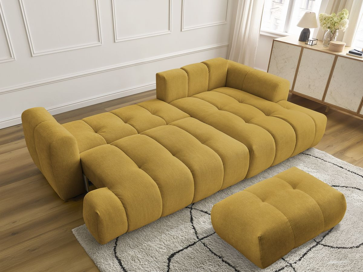 Canapé d'angle convertible FUJI tissu lisse avec pouf