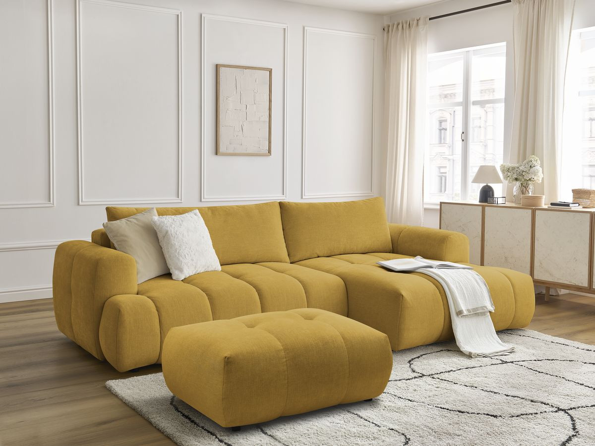 Canapé d'angle convertible FUJI tissu lisse avec pouf