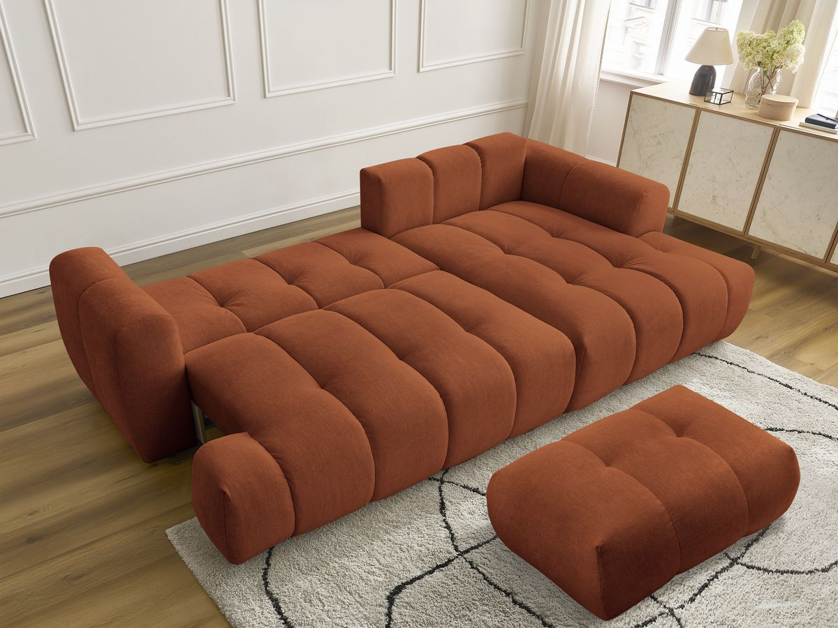Canapé d'angle convertible FUJI tissu lisse avec pouf