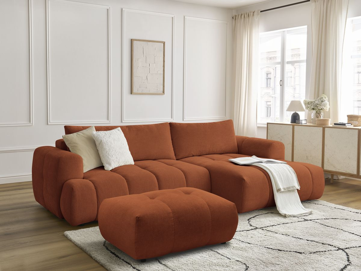 Canapé d'angle convertible FUJI tissu lisse avec pouf