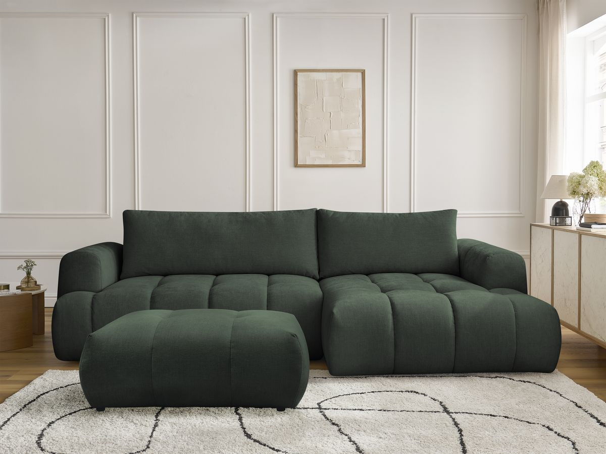 Canapé d'angle convertible FUJI tissu lisse avec pouf