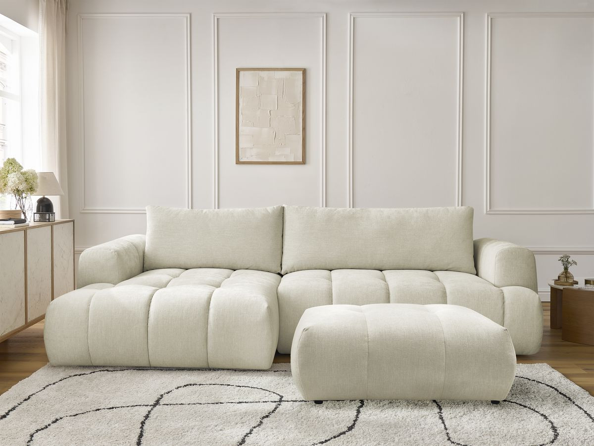Canapé d'angle convertible FUJI tissu lisse avec pouf