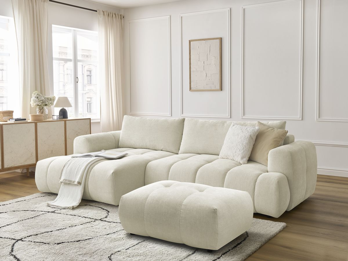 Canapé d'angle convertible FUJI tissu lisse avec pouf