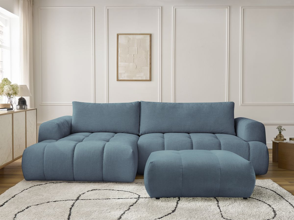 Canapé d'angle convertible FUJI tissu lisse avec pouf