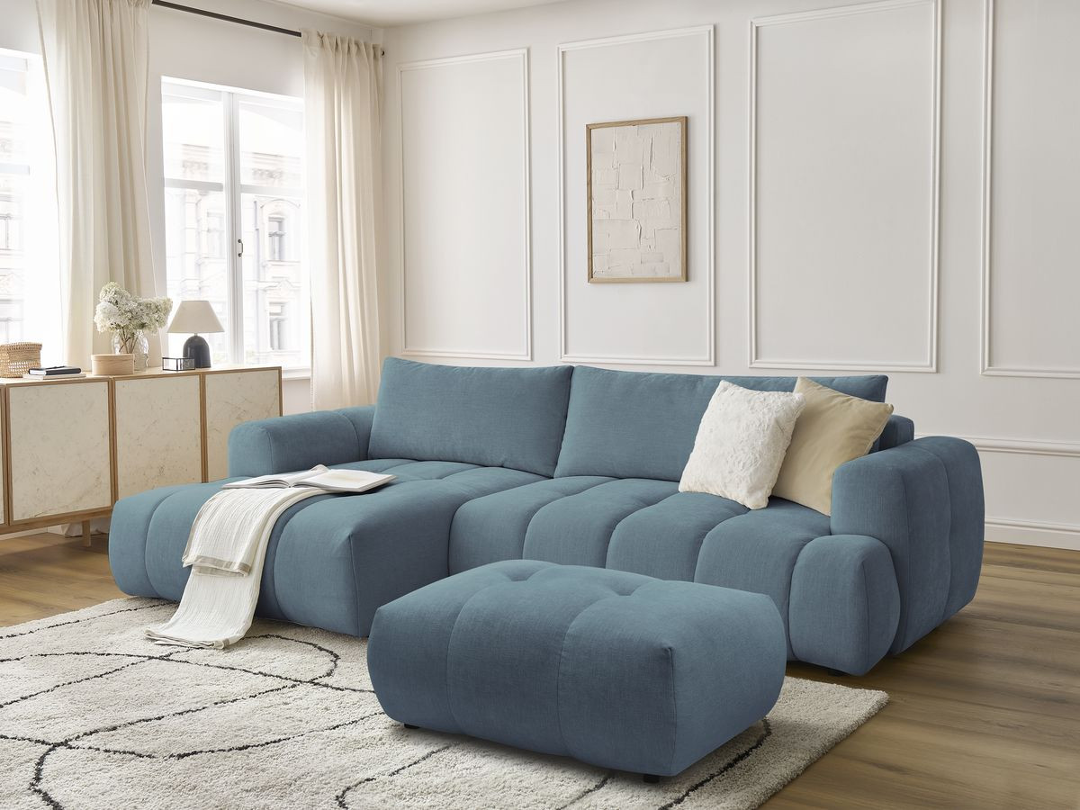 Canapé d'angle convertible FUJI tissu lisse avec pouf