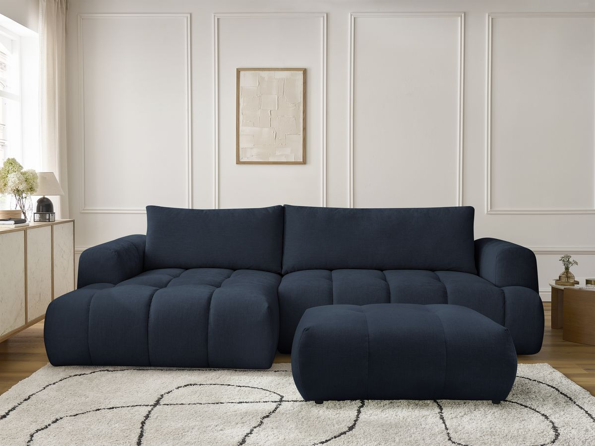 Canapé d'angle convertible FUJI tissu lisse avec pouf