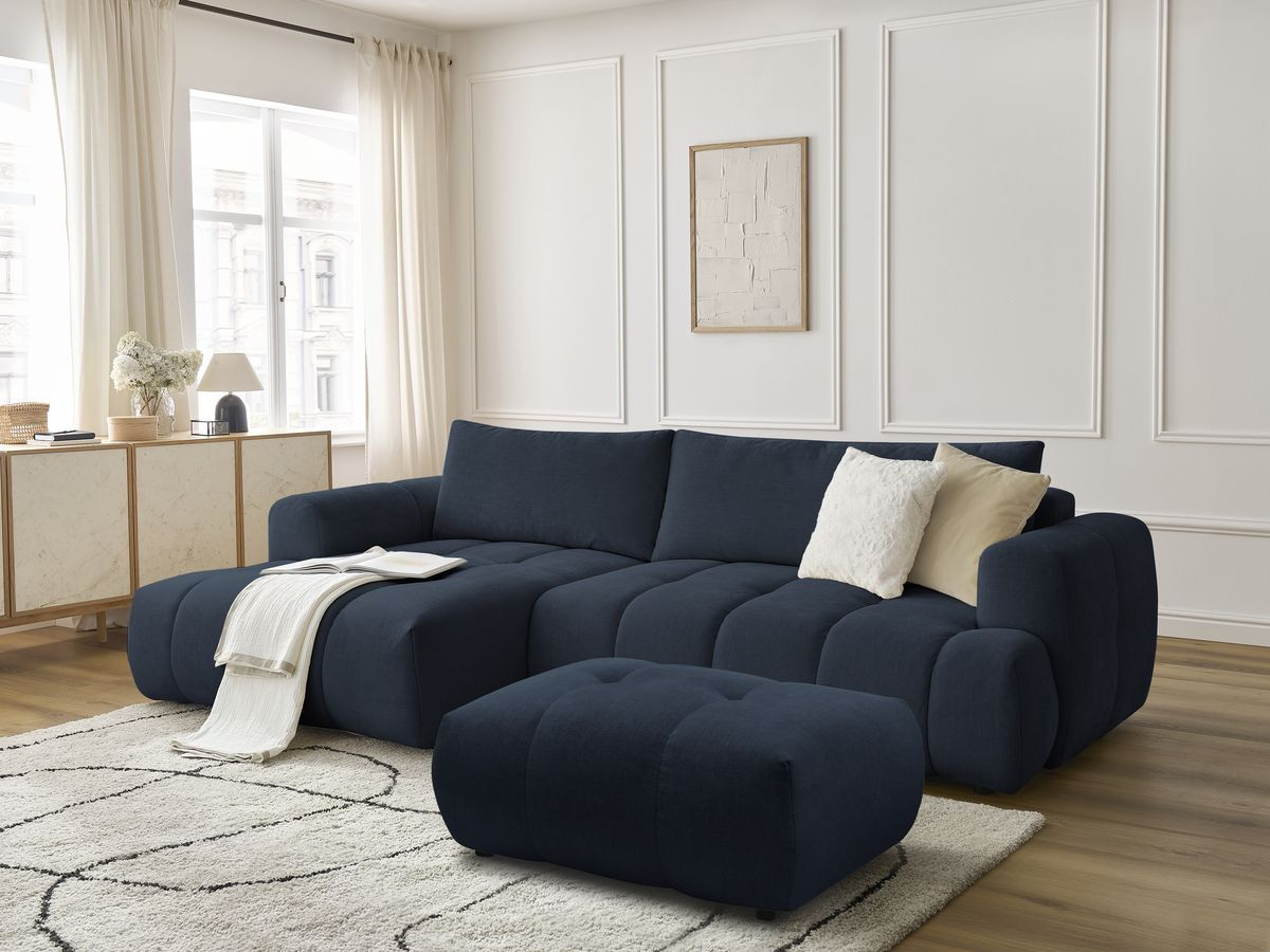 Canapé d'angle convertible FUJI tissu lisse avec pouf